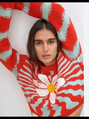 Zara Red, Light Blue and White Floral Crewneck Sweater